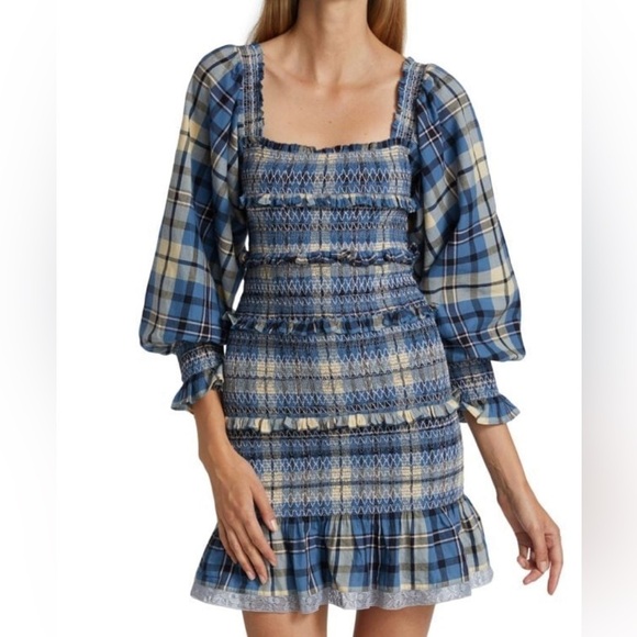 LoveShackFancy Womens Stanley Smocked Plaid Dress Sz P US 00 Blue Denim Skies - Picture 11 of 11